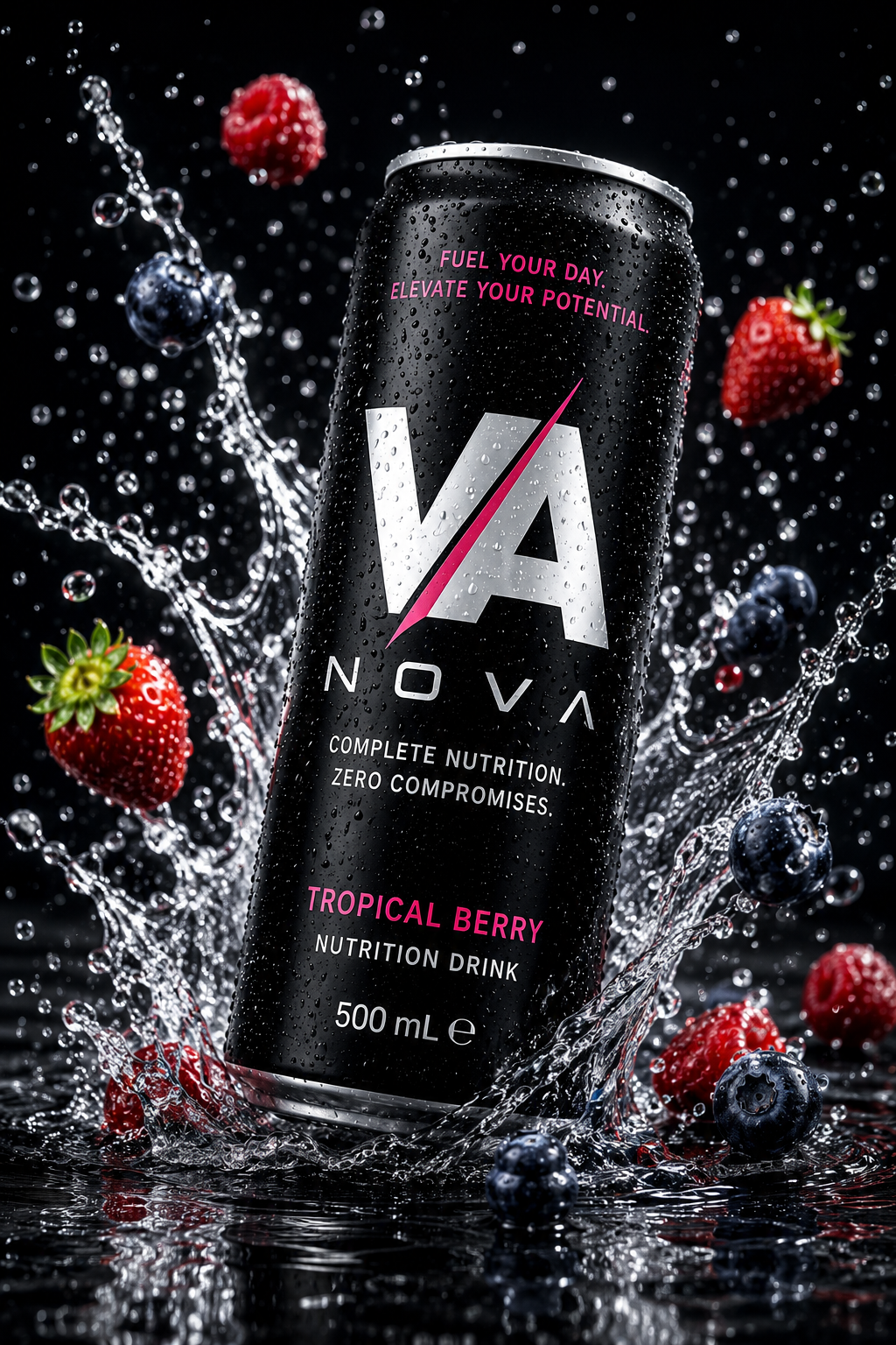 NOVA Tropical Berry can in a splash of water with berries