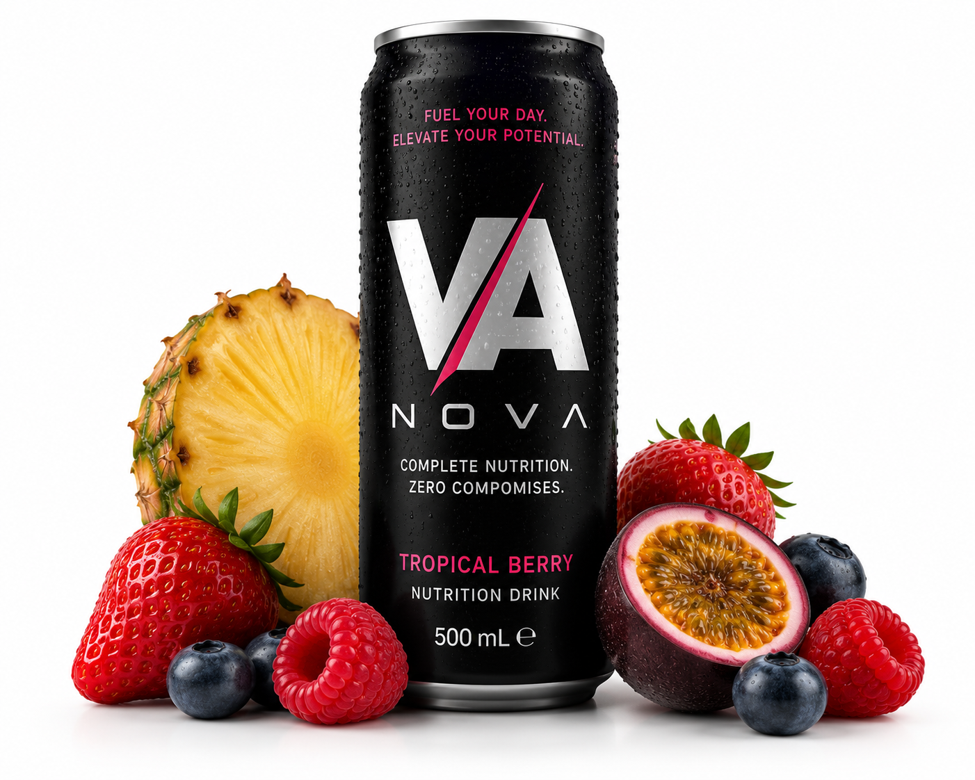 NOVA Tropical Berry can surrounded by pineapple, strawberries and passionfruit